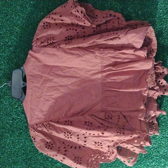 Nuon Rust Ruffled Crop Blouse with Mandarin Collar - Picture 3 of 4